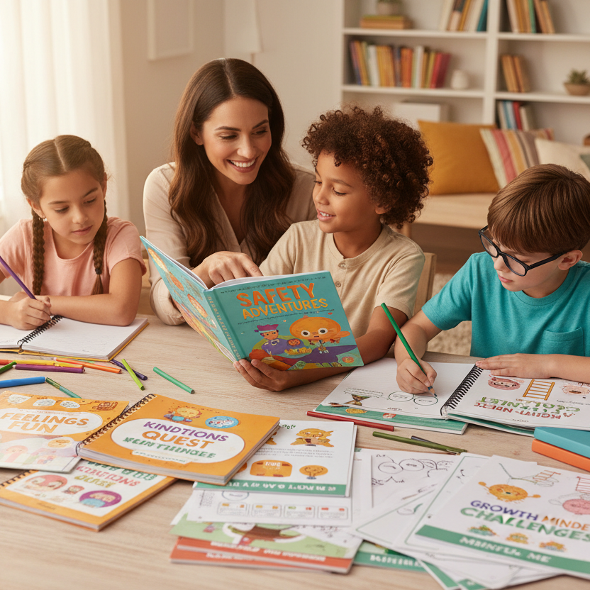 Children and parent using the complete starter bundle resources for social-emotional learning