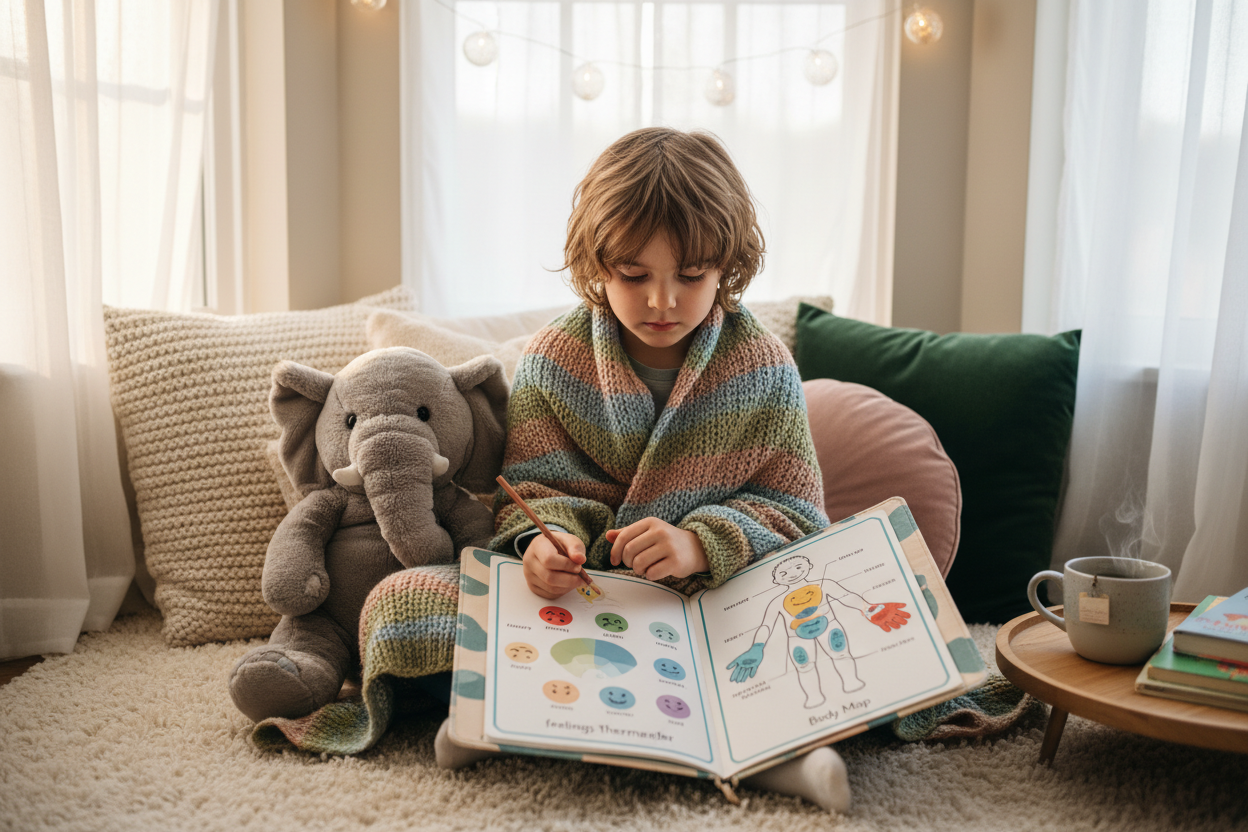 Child in safe space using feelings and emotions journal for emotional regulation